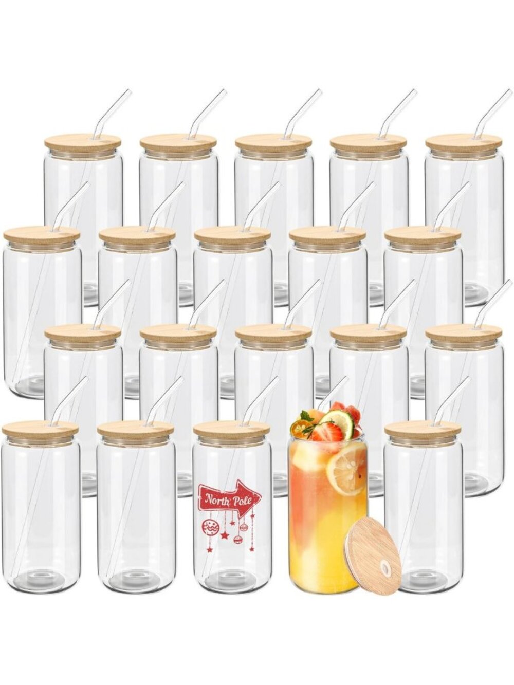 20 Pack Clear Glass Tumblers with Bamboo Lids & Straws - Iced Coffee, Tea